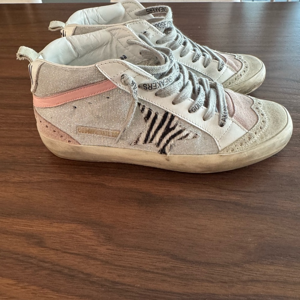 Golden Goose Beige and Pink Midstars Sneakers with Zebra Print
